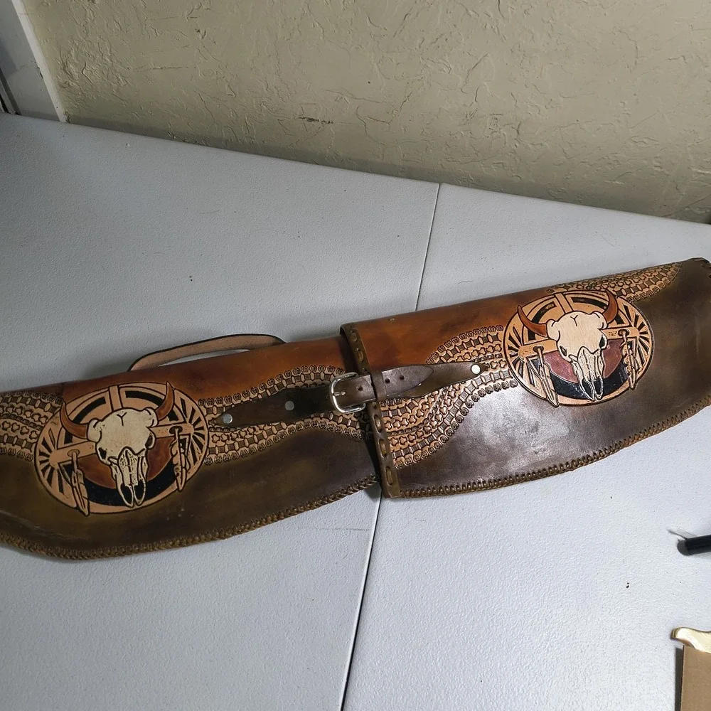 Vintage Hand Tooled Long Horn Skull Leather Rifle/ Shotgun Scabbard / Gun Case